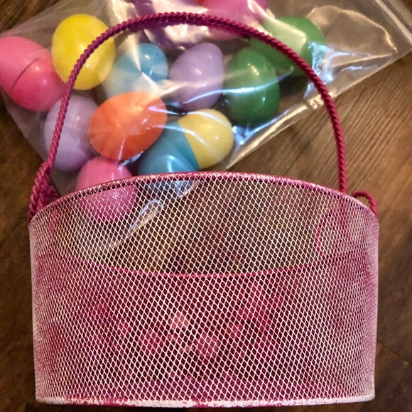 Pink Wire Basket & Plastic Eggs, Glittered Flower Appliqués, 14 2-piece eggs - Picture 5 of 7